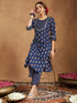 Janasya Women's Dark Blue Pure Cotton Floral Printed Straight Kurta Pant Set
